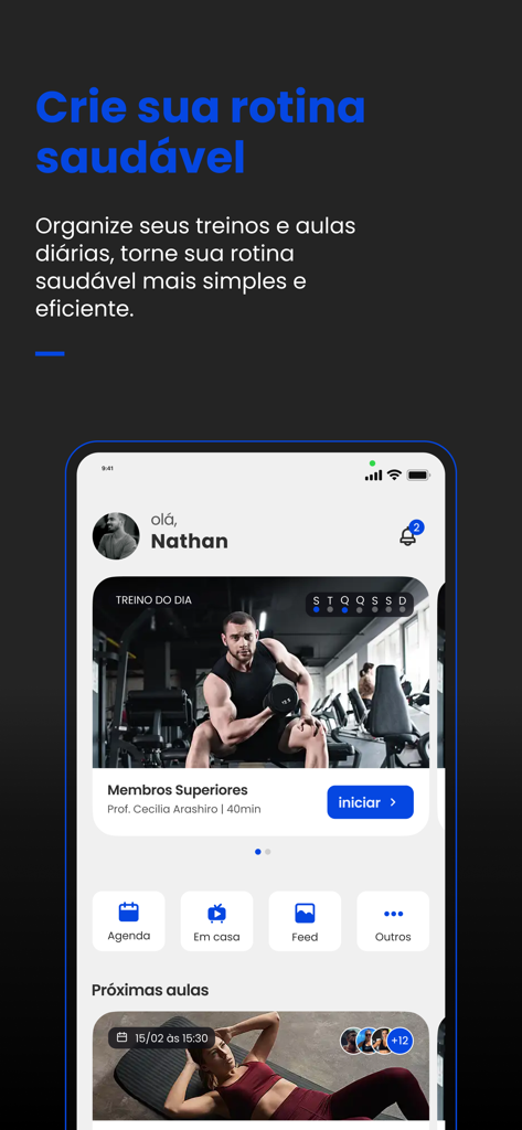 Treino - L'interface de l'application Treino affiche un programme d'entraînement quotidien pour le haut du corps et les cours de fitness programmés.