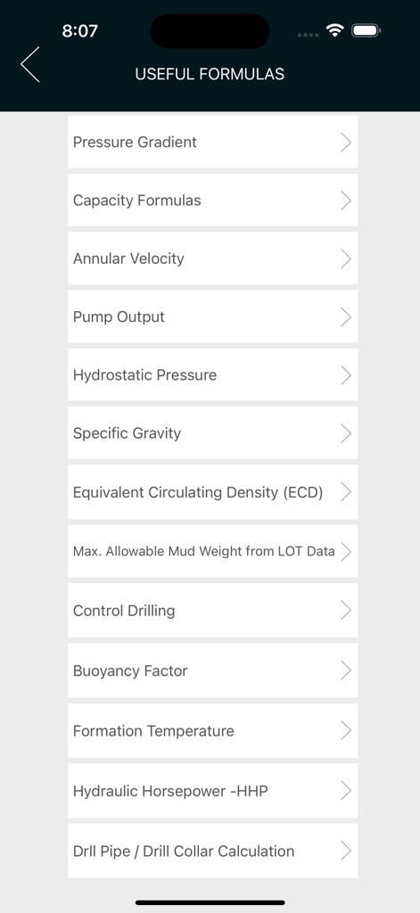 List of useful oilfield engineering and drilling formulas in the mobile app.