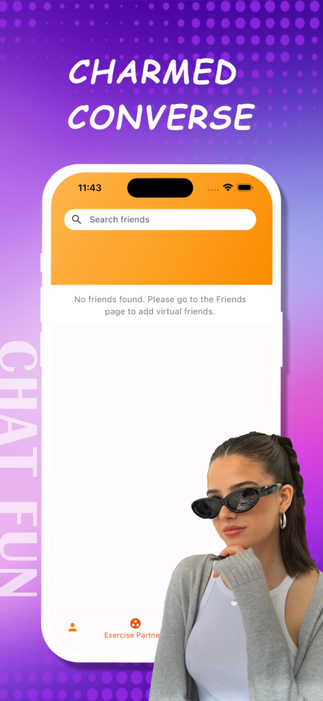 Livo app screenshot showing the interface for searching virtual friends with the headline Charmed Converse