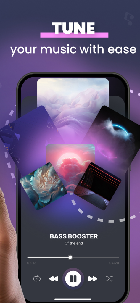 Sound, Bass Booster - Music EQ - A mobile app screen with the text TUNE your music with ease showing a music player interface and artistic album covers