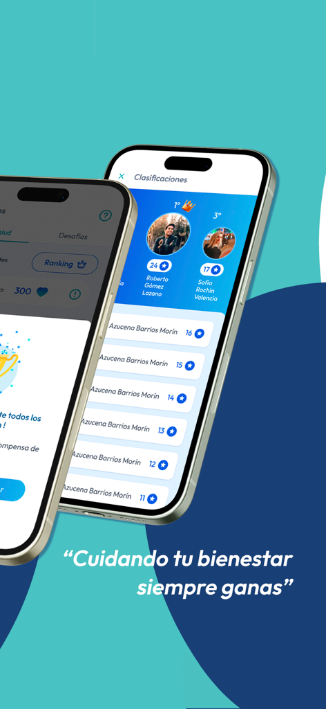 Meddi - Meddi mobile app interface displaying user rankings and health challenge rewards