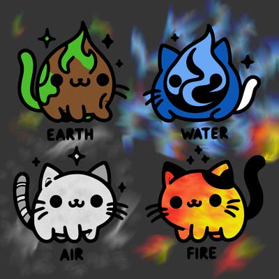 4 cats that represent the different elements, earth, water, air, and fire
