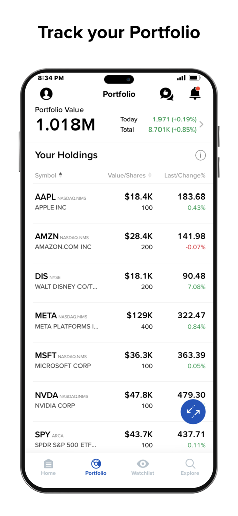 BlackBull Invest mobile app interface displaying an investment portfolio with various stock holdings and total value