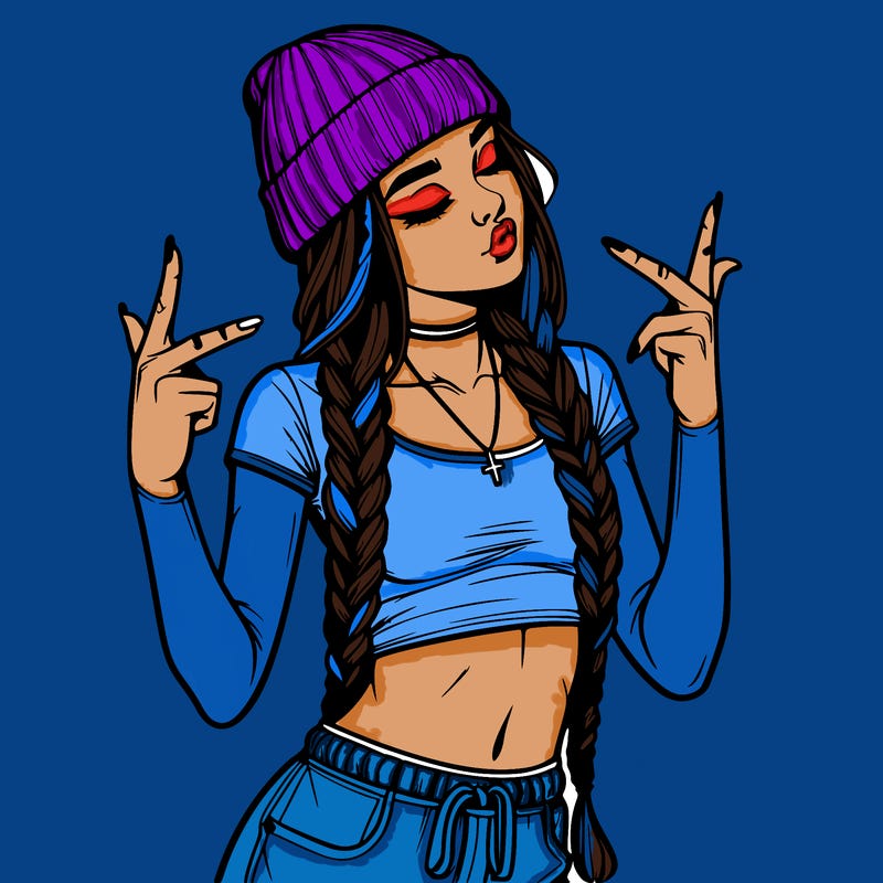 realistic teenage girl with braids and a beanie and crop top doing 🫶🏼