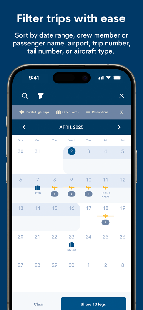 Calendar view in FlightBridge app showing scheduled flights and travel events for easy trip filtering