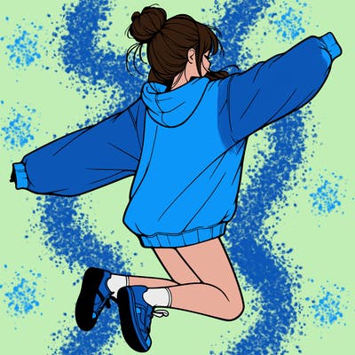 realistic girl jumping with a bun and oversized sweatshirt
