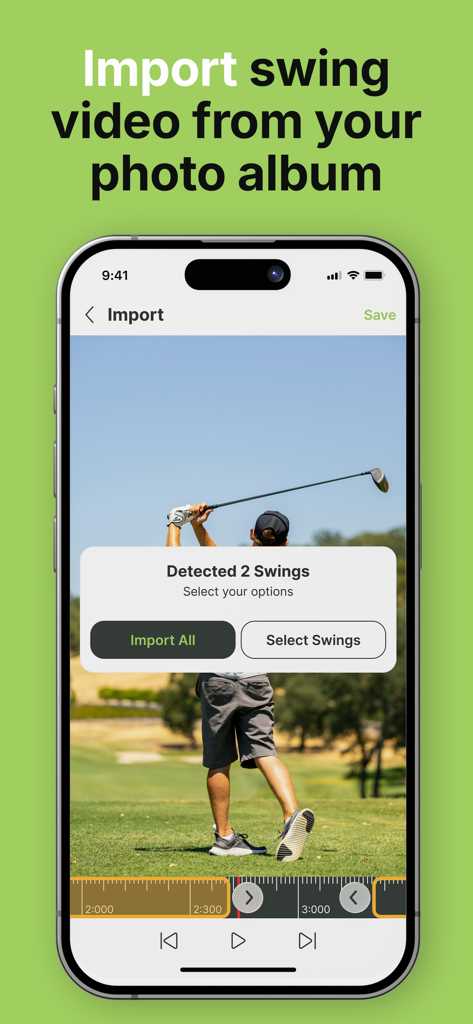 Swing TuneUp: AI Golf Analyzer - Ein iPhone-Bildschirm, der die Swing TuneUp App-Oberfläche zum Importieren von Golfschwungvideos aus einem Fotoalbum zeigt, mit automatischer Schwunganalyse.