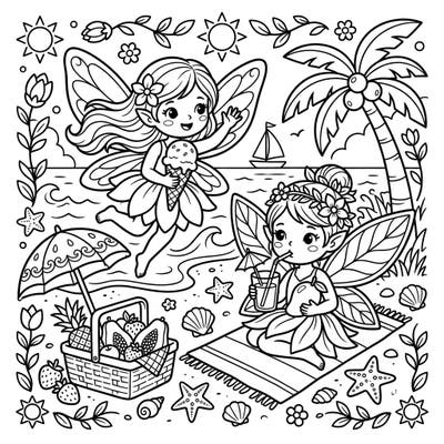 Bring the warmth and wonder of a fairy summer vacation to life with your colors! This delightful page features enchanting spring fairies enjoying a sunny beach day filled with refreshing treats and sparkling seaside fun.