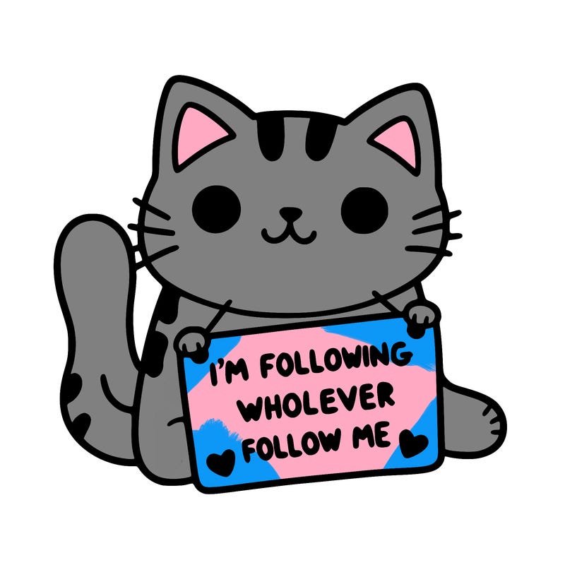 cat with a sign that says i’m following whoever follows me