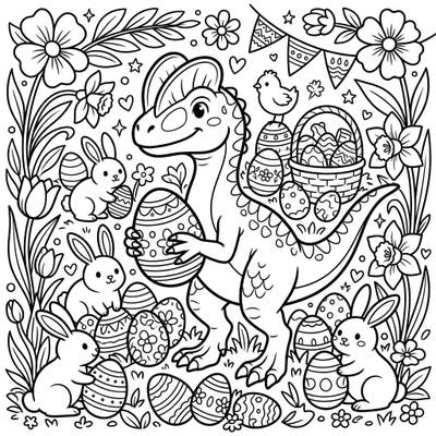 Get ready for a prehistoric Easter celebration with this delightful Dilophosaurus coloring page! Join a friendly dinosaur, adorable bunnies, and a bounty of decorated eggs in a vibrant spring scene.