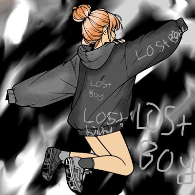 realistic girl jumping with a bun and oversized sweatshirt