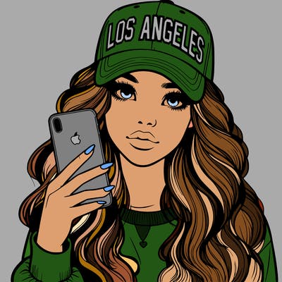 realistic beautiful girl wearing los ángeles cap holding an iphone