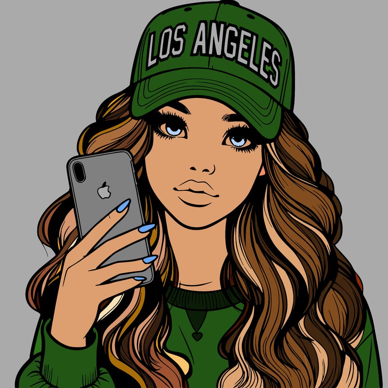 realistic beautiful girl wearing los ángeles cap holding an iphone