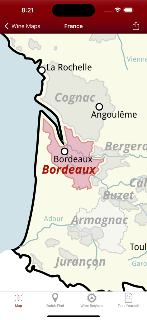 Carte de la région viticole de Bordeaux en France sur l'application Wine Maps