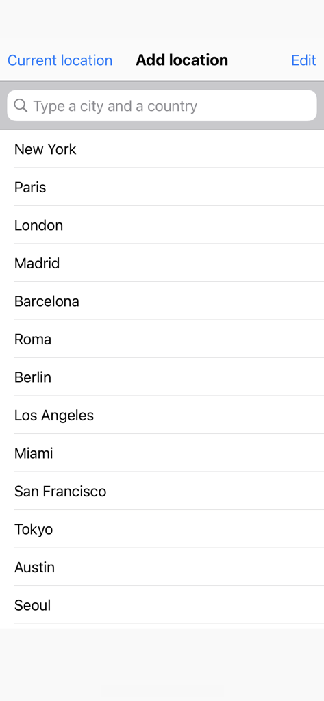 Interface for searching and adding city locations in the Thermometer app