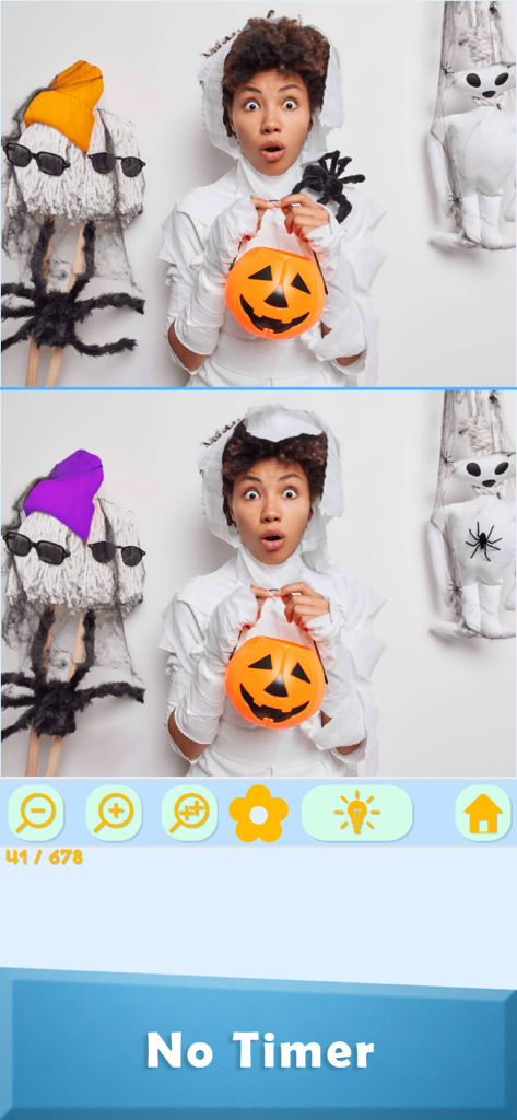 Find Differences: Happy People - Spot the difference puzzle game featuring a woman in a Halloween costume and a no timer banner.
