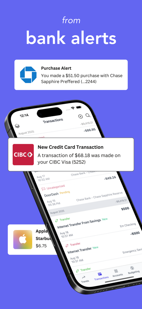 Skwad: Privacy-First Budgeting - A smartphone showing the Skwad app transaction screen with floating bank alert notifications from Chase and CIBC.