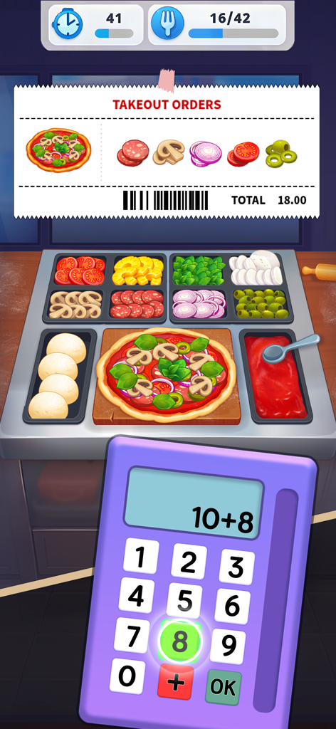 Una captura de pantalla del juego Royal Cooking que muestra una pizza preparándose con varios ingredientes y una calculadora para totalizar un pedido para llevar.