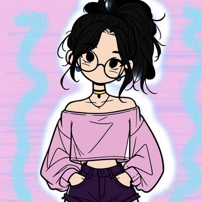 girl with a messy ponytail glasses a baggy crop top and jean shorts