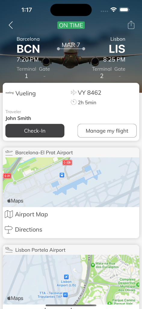 NetViagens - NetViagens app interface displaying flight details and airport maps