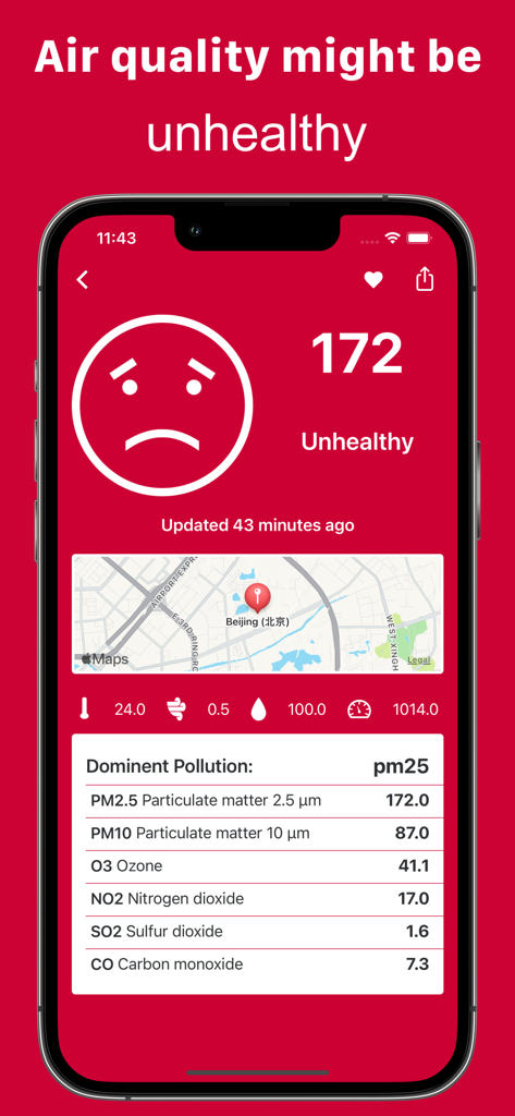 Smartphone screen showing an unhealthy air quality index of 172 with detailed pollutant concentrations.