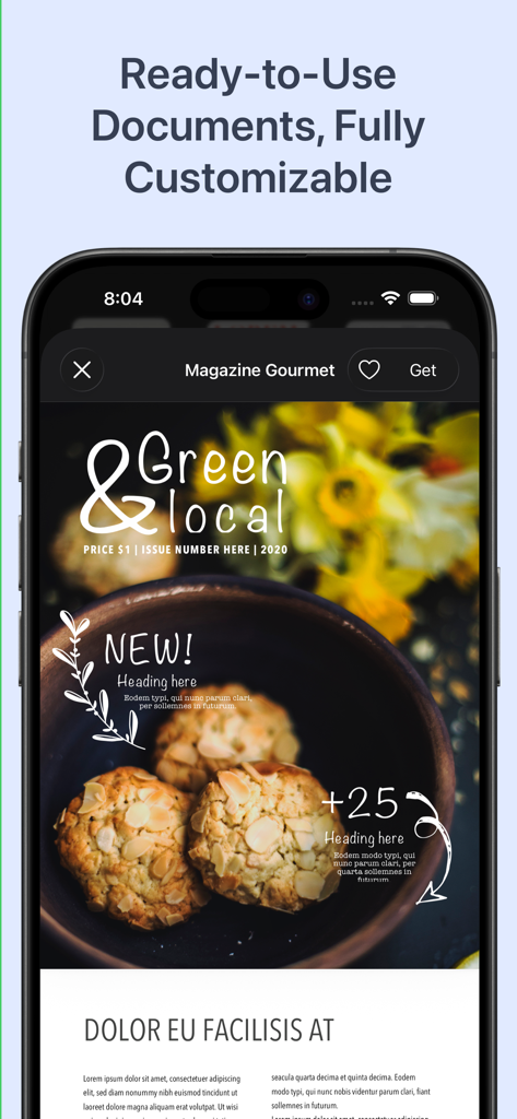 Smartphone mostrando una plantilla de revista gourmet personalizable para Microsoft Word.