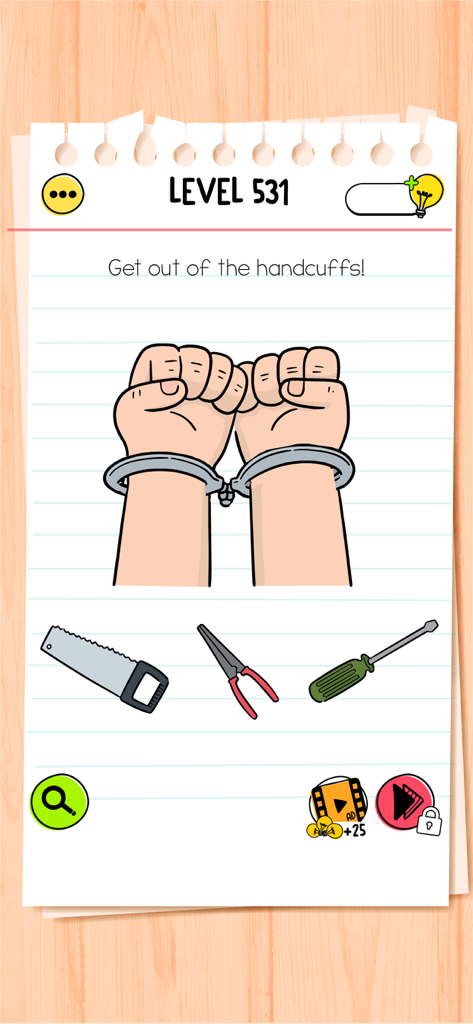 A puzzle level from the Brain Test All-Star game showing hands in handcuffs and tools to escape