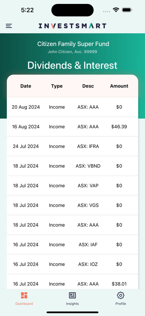 InvestSMART - InvestSMART mobile app screen displaying a list of dividends and interest income from Australian Stock Exchange investments.