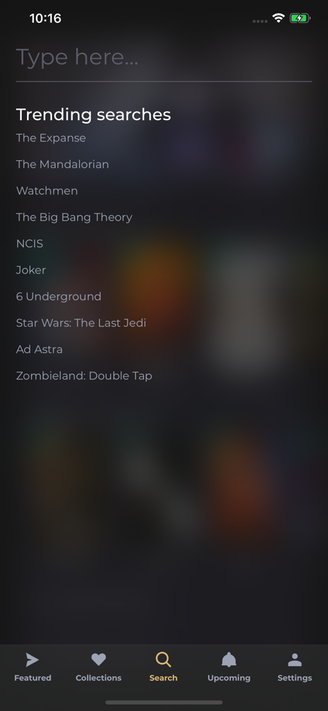 MoviX - TV Tracker - Écran de recherche de l'application MoviX montrant les films et séries TV tendance