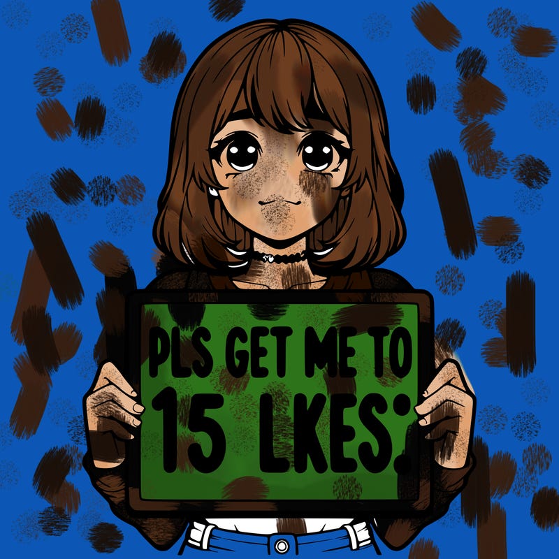 realistic girl holding up a sign that says “pls get me to 15 likes!”