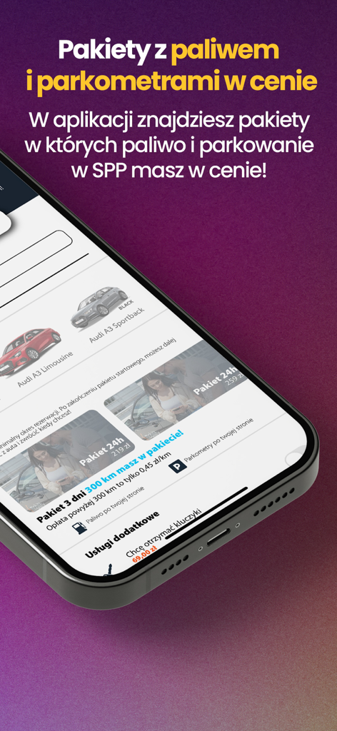 연료 및 주차 포함 프리미엄 차량 렌탈 패키지를 보여주는 4mobility 앱 인터페이스