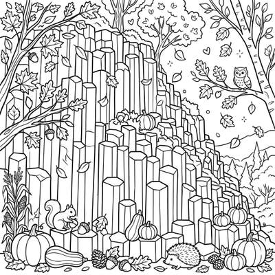 Unleash your creativity with this enchanting coloring page, blending the unique geological wonder of columnar jointing with the cozy charm of autumn. Discover adorable woodland creatures amidst falling leaves and bountiful harvest elements, perfect for a relaxing seasonal activity.