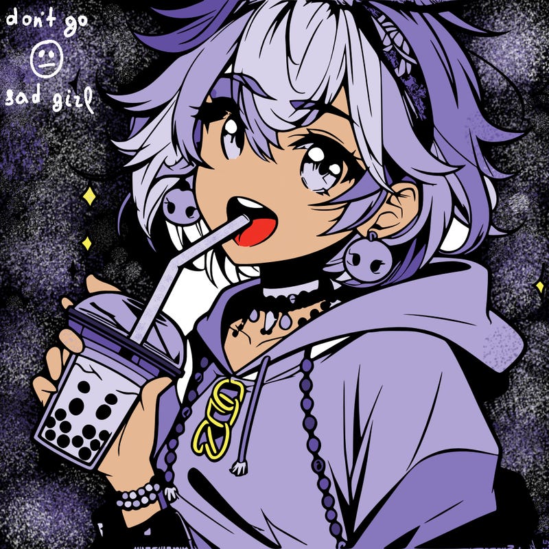 hot baddie anime girl drinking boba and biting the straw