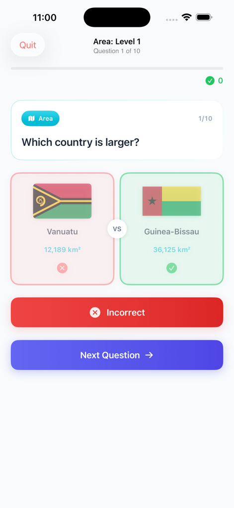 Geography Games. - A geography quiz screen in the Geography Games app asking which country is larger between Vanuatu and Guinea-Bissau with land area statistics.