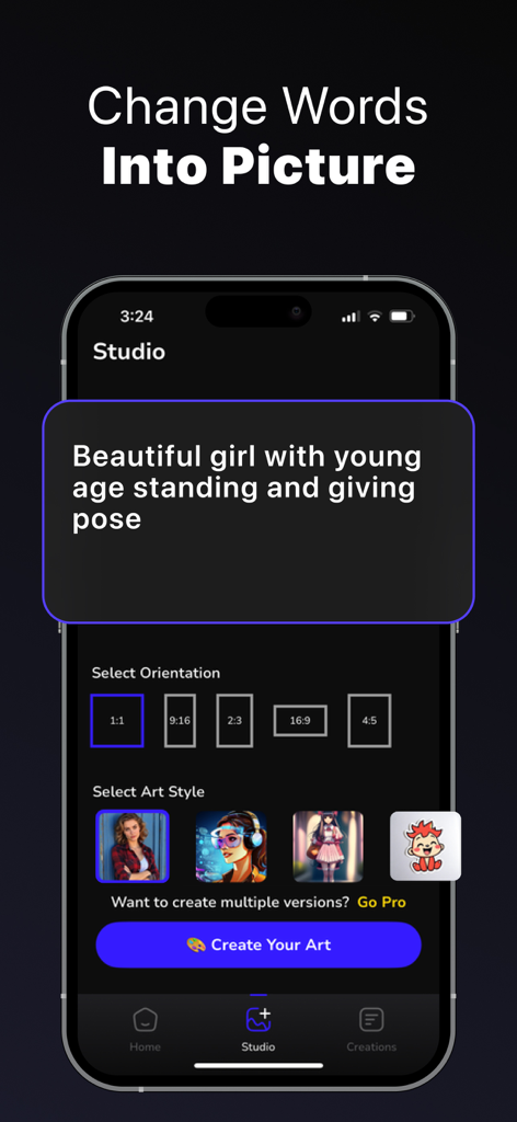 Flowline - AI Photo Generator - Oberfläche des Flowline KI-Fotogenerators, die eine Text-zu-Bild-Prompt- und Stilauswahloption zeigt