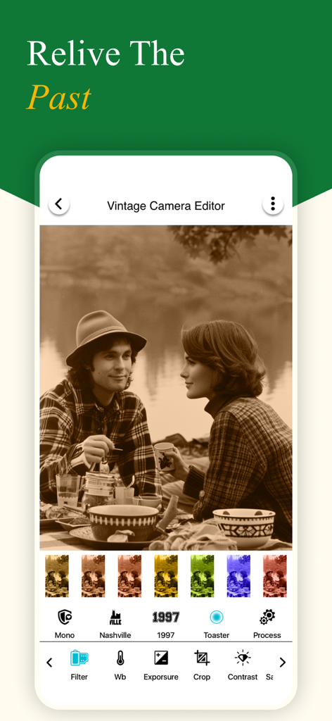 Interface of the VHS Cam app showing a vintage sepia photo being edited with retro filters and tools.