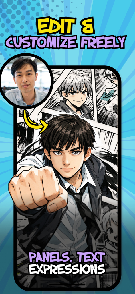 Toonly: AI Comic & Manga Maker - Interface of the Toonly app showing a user customizing AI-generated manga characters and comic panels