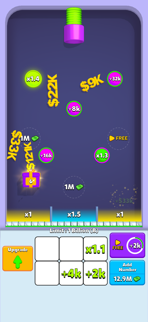 Digi Merge - Digi Merge mobile game screen showing colorful bumpers and money rewards