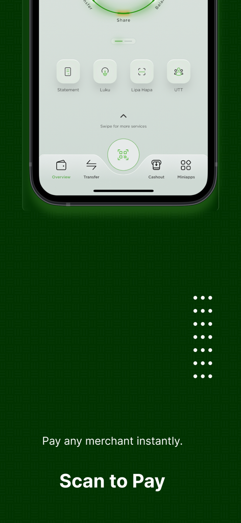 SimBanking app mobile screen with Scan to Pay feature for merchant payments