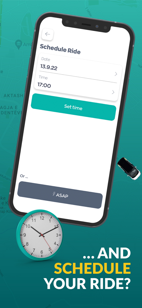 ETAXI. - Smartphone showing the ETAXI app interface for scheduling a ride with date and time selection