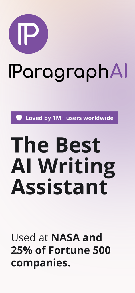 ParagraphAI app splash screen featuring the logo and title as the best AI writing assistant used by NASA