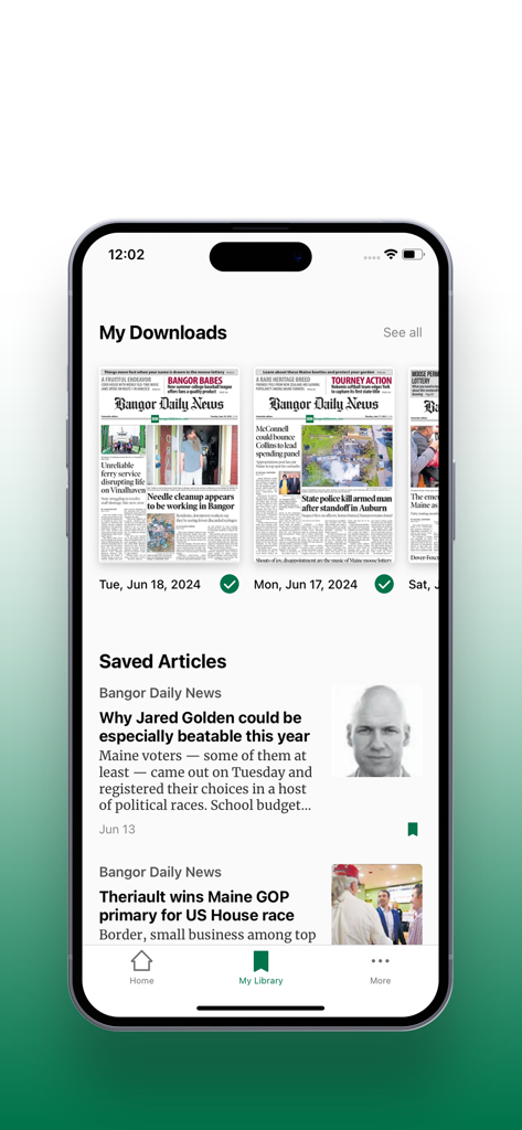 BDN e-edition - The My Library section of the BDN e-edition app displaying downloaded newspaper editions and saved local Maine news articles.
