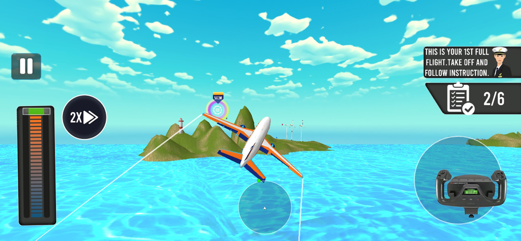 Un avión volando sobre islas verdes en la aplicación Pilot Flight Simulator Games con instrucciones de misión en pantalla.