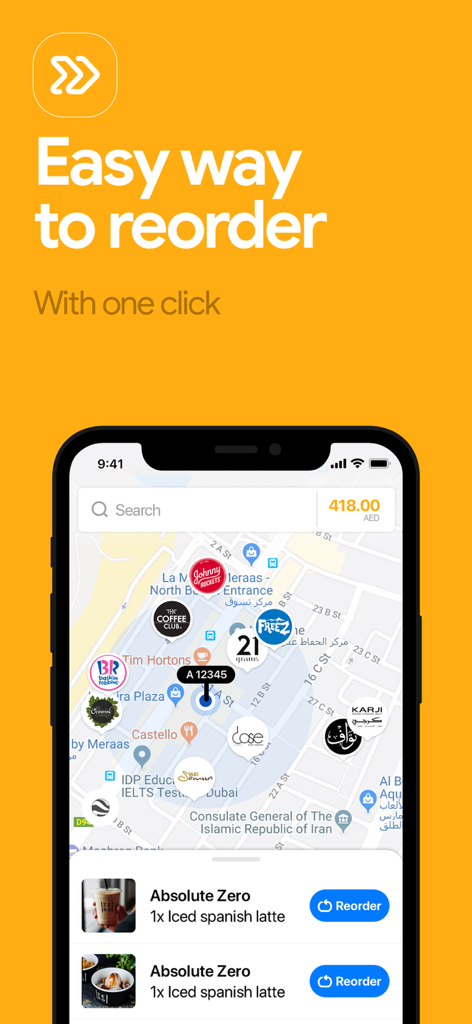 Drivu - your drive thru orders - Écran de l'application mobile Drivu montrant la fonction de réorganisation facile en un clic pour le café et la nourriture.