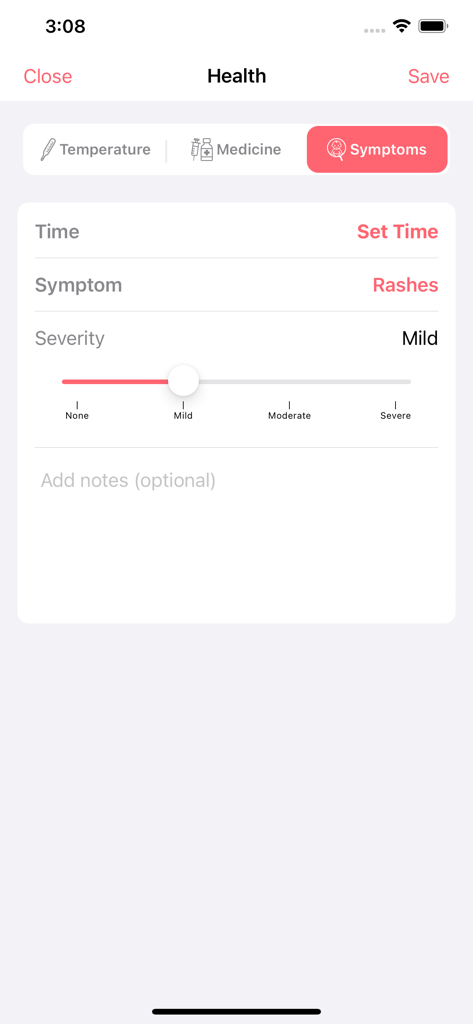 Newborn Tracker Baby App adamo - Adamoアプリの健康症状追跡画面。発疹の重症度スライダーが表示されています。