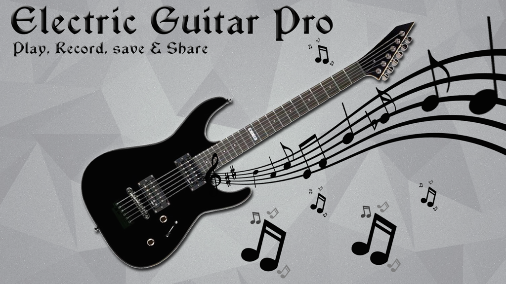 Electric Guitar Pro (Free) - Black electric guitar with musical notes and the text Electric Guitar Pro