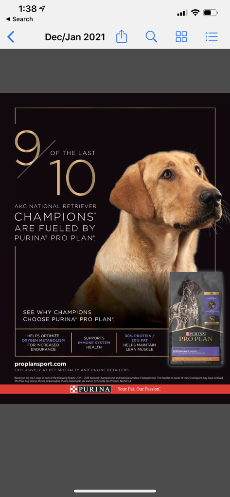Wildfowl Magazine - Purina Pro Plan dog food advertisement in Wildfowl Magazine featuring a retriever champion dog.