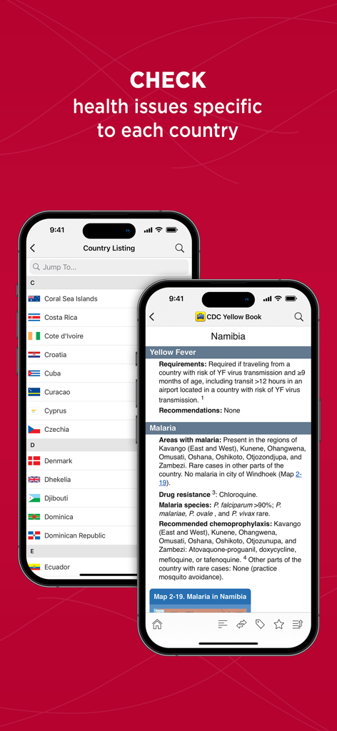 Relief Central - Relief Central app screen showing a country listing and specific health issues from the CDC Yellow Book.