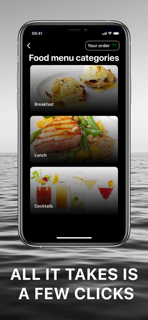 Yacht Manager App - Yacht Manager App food menu screen displaying breakfast lunch and cocktails categories