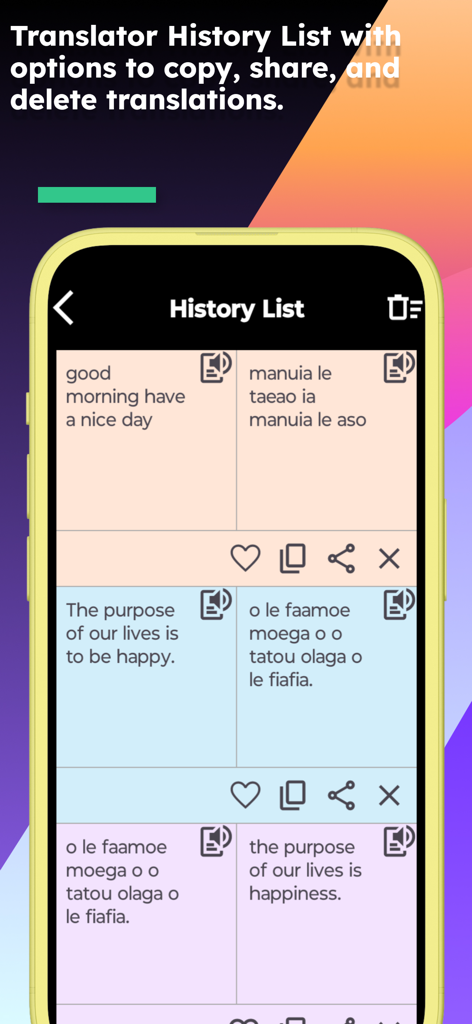 English Samoan Translator - Screenshot of the translation history list in the English Samoan Translator app showing saved phrases and options to copy share or delete translations
